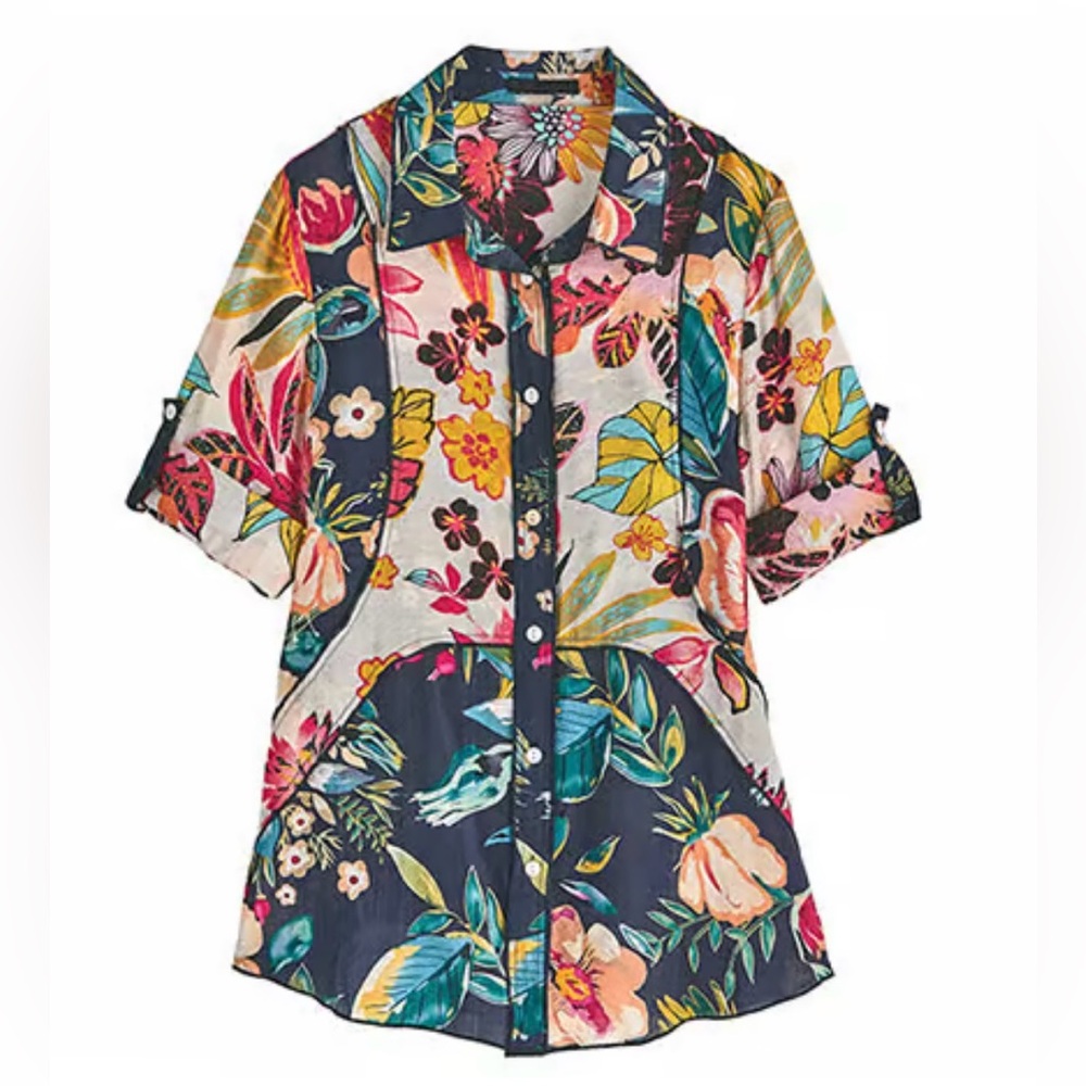 Floral patchwork blouse button down shirt tunic tropical Signals Funsport medium